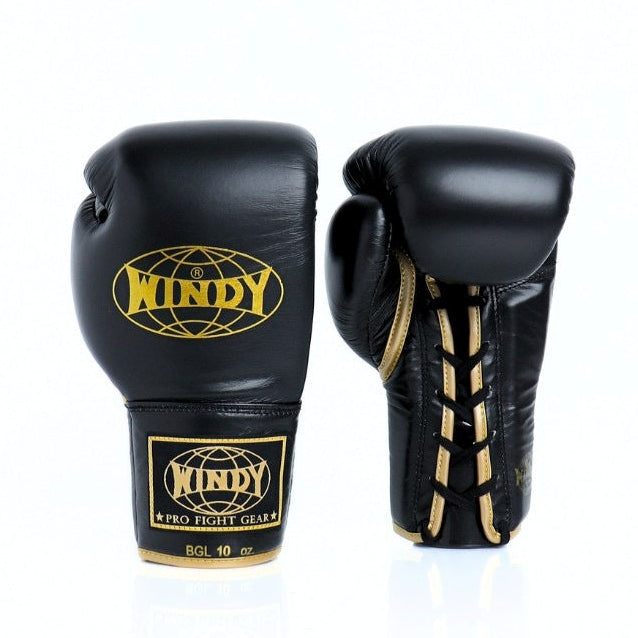 Black boxing gloves with gold accents and 'Windy' branding on a white background