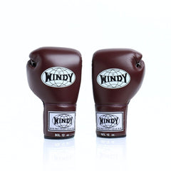 Pair of brown boxing gloves with 'Windy' branding on a white background