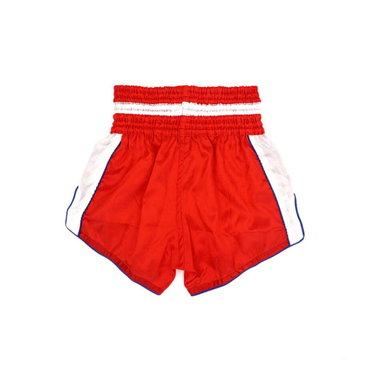 Red boxing shorts with white accents on a white background, featuring the BKK Muaythai Store logo.