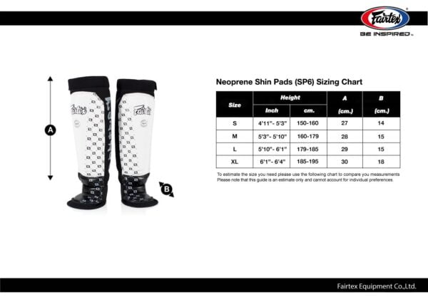 Fairtex [SP6] Neoprene Shin Pads Chart